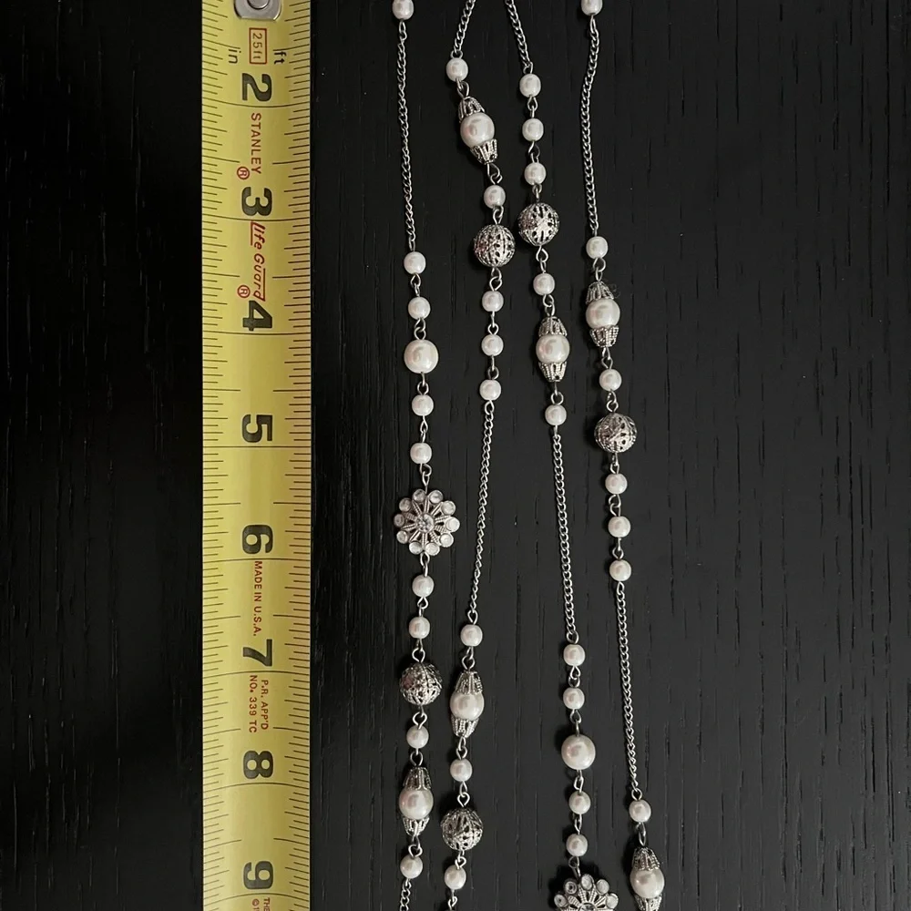 Silver and White Pearl Costume Jewelry Long Necklace